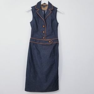 ZARA blue denim midi dress with faux leather trim